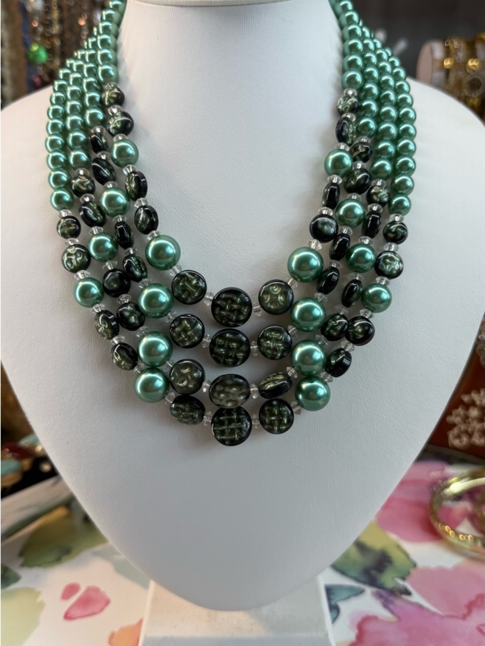 Vintage Japan Green Layered Pearl Lucite Bead Statement Necklace